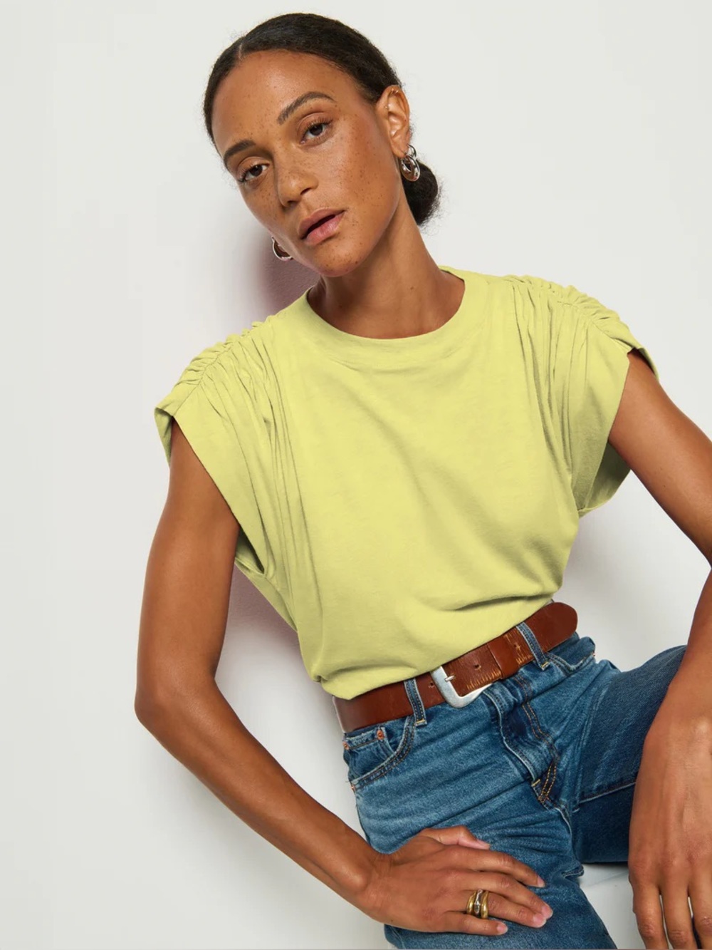 Relaxed Ruched Shoulder Tee - Citrus yellow